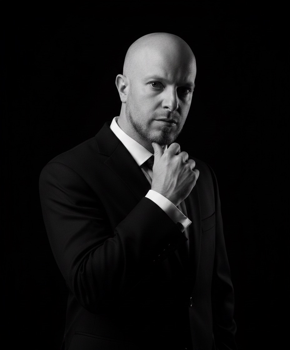 Jonathan Whittaker in a black suit against a dark background